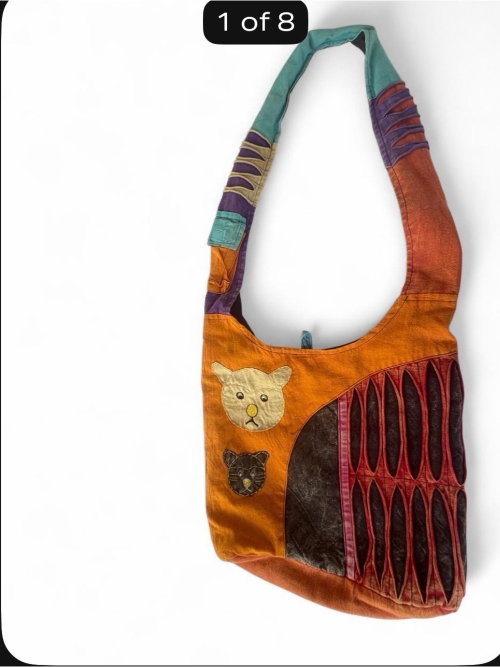 Hand Crafted Orange & Teal Boho Cat Appliqué Hobo Bag 100% cotton long handle.